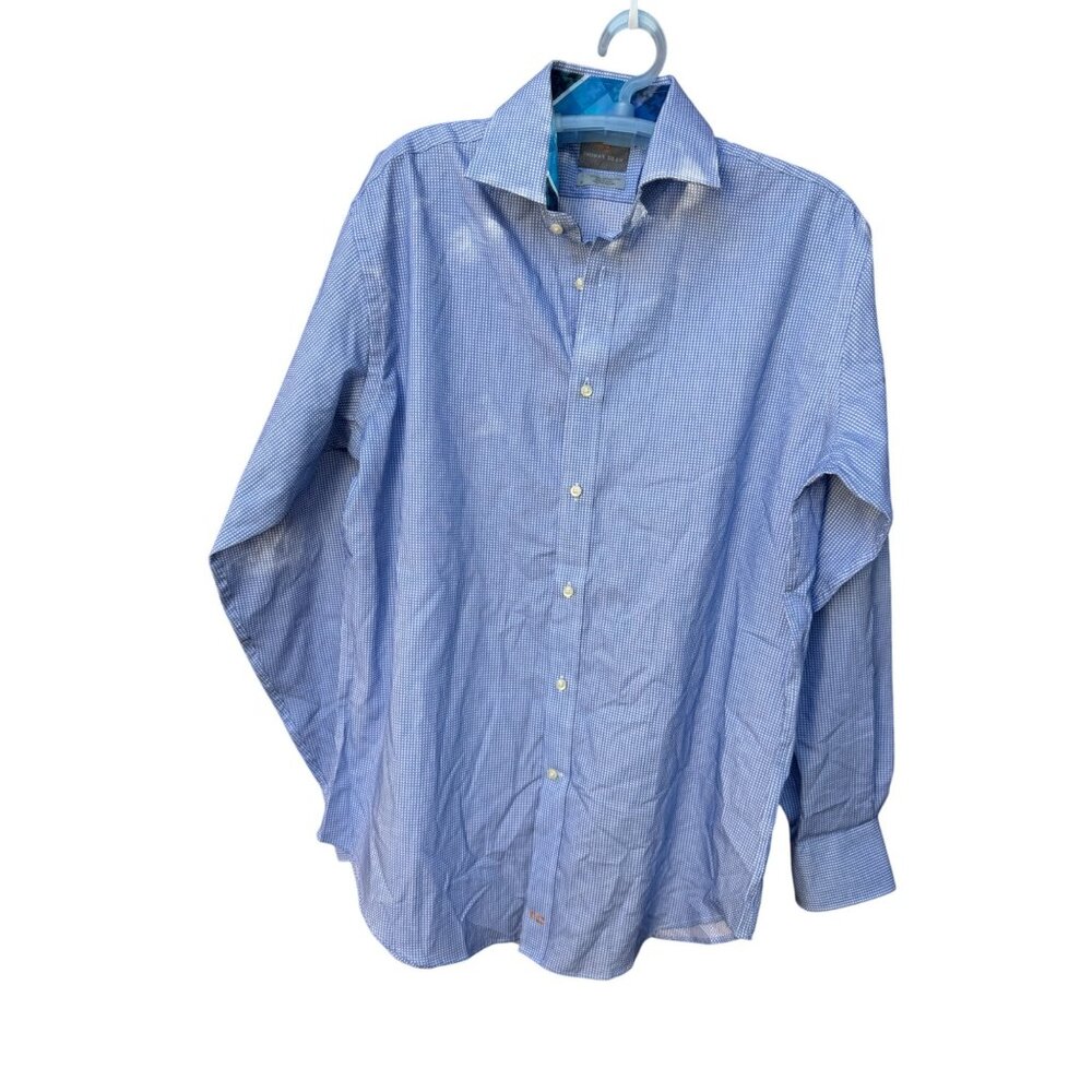 Thomas Dean Mens Long Sleeve Blue Button-Down Shirt L.100%  prima cotton